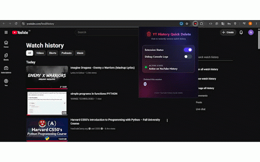 YouTube History Quick Delete :: Quickly delete videos from your YouTube Watch History page with a single click.