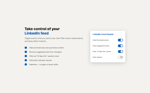 LinkedIn Feed Cleaner :: Hide promoted, suggested, reaction, and repost items from your LinkedIn feed