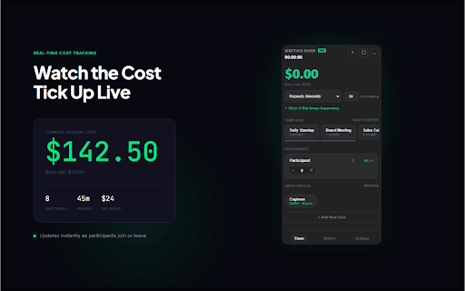 Meeting Cost Calculator :: Premium real-time meeting cost calculator for Google Meet, Zoom, and Teams. Track ROI of your time.