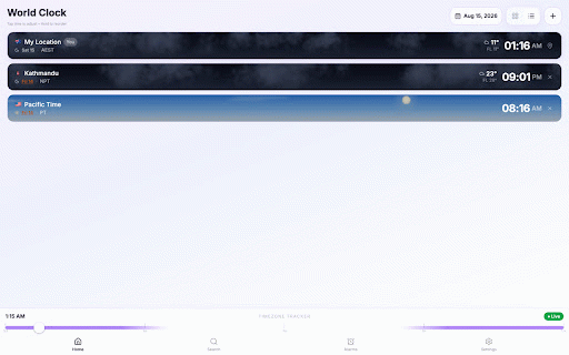 Timezone Tracker :: Manage and compare times across locations with intuitive search and interactive time slider.
