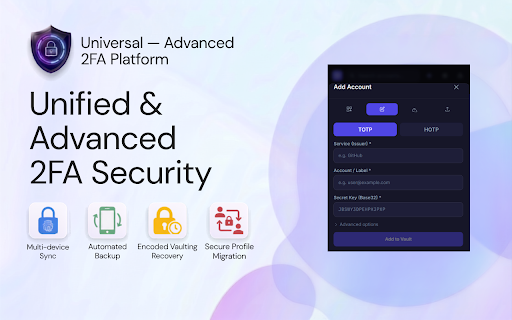Authenticator — TOTP/HOTP Vault :: Secure 2FA authenticator. Generates TOTP/HOTP codes from an AES-256-GCM encrypted local vault. 100% private & client-side.