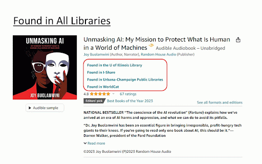 U of Illinois Library Amazon Browser :: On Amazon, this extension displays books available in the U of Illinois, I-Share, Champaign Public Libraries, and WorldCat.