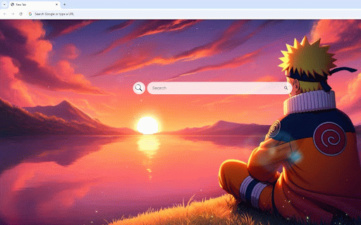 Naruto Sunset Live Wallpaper :: Naruto sits peacefully by a lake, watching a stunning sunset with purple and orange skies reflecting on calm waters.