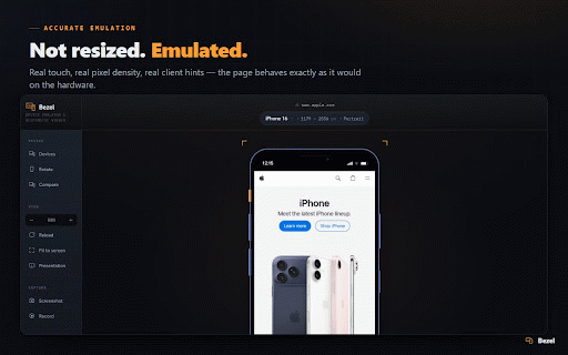 Bezel — Responsive Design Tester & Mobile Device Emulator :: Test responsive design on 90+ device frames, phones to foldables. Accurate touch, DPR & client-hint emulation. Free, no ads.