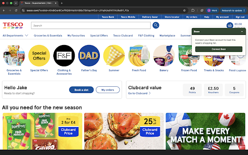 Bean basket assist :: Add your Bean shopping list to your Tesco basket: review each suggested product and tap to add. Never touches checkout or payment.