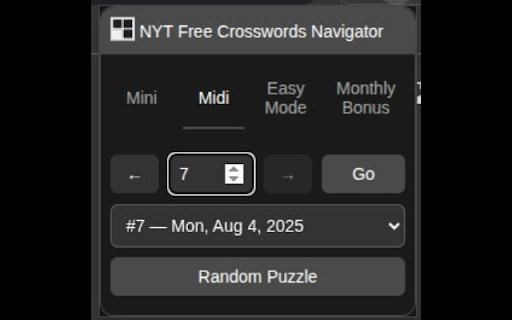 NYT Free Crosswords Navigator :: Quickly navigate the freely available NYT Crosswords' daily Mini, weekly Easy Mode, new Midi, or monthly Bonus puzzles.