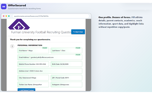 OfferSecured — Questionnaire AutoFill :: Auto-fill college recruiting questionnaires with your OfferSecured profile data. Never retype the same info again.
