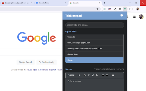 TabNotepad :: A modern tab manager with notes-tab related, search, and rich text editing