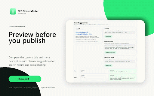 SEO Score Master :: ✅ Audit any page in one click. Get SEO score, search preview, page highlights, and copy-ready fixes without leaving the page.