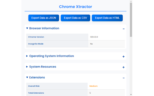 Chrome Xtractor :: Extracts browser information, including version, memory usage, installed plugins, permissions, download history, and more.
