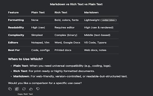 Multi-Format Copy for ChatGPT, DeepSeek & AI Chatbots :: Copy text from ChatGPT, DeepSeek & AI chatbots in multiple formats: Markdown, rich text(HTML), and plain text.