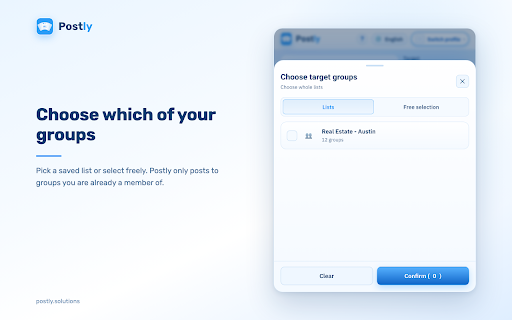 Postly - Auto Poster & Scheduler for Facebook™ Groups :: Publish your post to the Facebook™ groups you choose, on your schedule. Add photos or video and Spintax text variations.