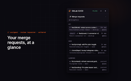 GitLab CI/CD for Chrome :: View & manage GitLab pipelines and jobs from your browser — run, cancel, retry, view logs.