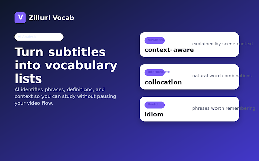 Zillurl Vocab :: Learn vocabulary from YouTube videos with AI. Extract words from subtitles, get context-aware definitions, and track your progress.