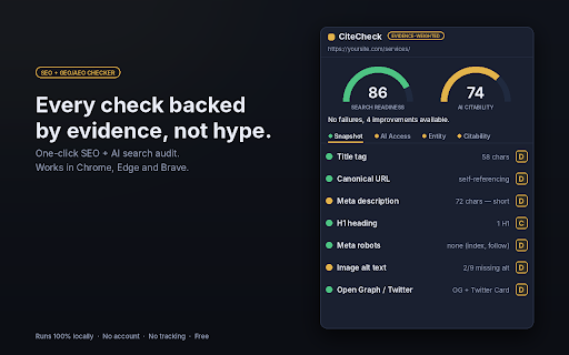 CiteCheck: SEO + AI Search Checker (GEO, AEO) :: Evidence-weighted on-page SEO and AI citability checks. Every check shows its source. Runs 100% locally.