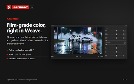 SUPERWEAVY :: SuperNodes and canvas tools for Figma Weave: color grading, masking, routing, a 3D camera prompt and faster editing.
