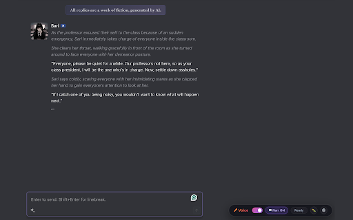 JanitorAI Voice Overlay :: Hear JanitorAI replies read aloud, with a unique voice for every character and a narrator for actions. Free to start.