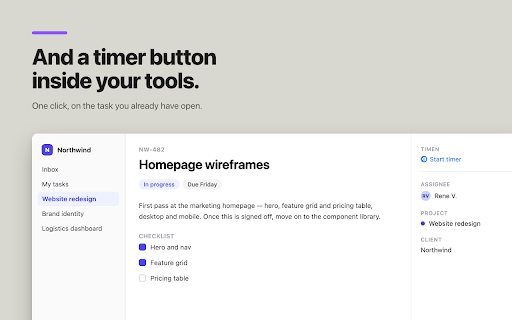 Timen Time Tracker :: One-click Timen time tracking inside the web tools you already use.