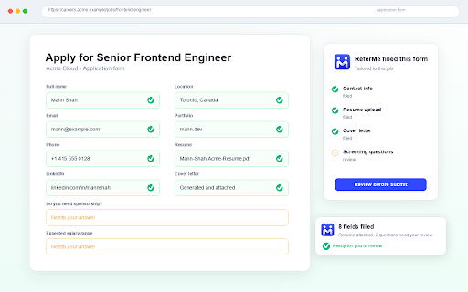 ReferMe Auto-Apply :: Auto-fills job applications on Indeed, Naukri, Foundit, and company career sites using your ReferMe profile.