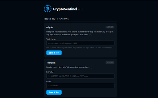 CryptoSentinel :: Crypto alerts & whale tracking hub. Real-time price alerts, on-chain whale movements, Fear & Greed Index — all in one extension.