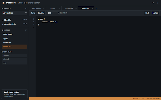 Draftstead – Offline Code Editor :: Edit code and text offline with tabs, syntax highlighting, and crash-safe local workspace recovery.