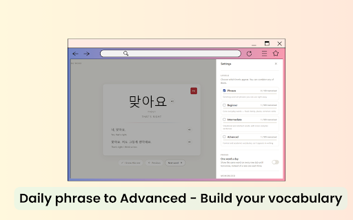 Daily Korean Tab :: Learn one Korean word every time you open a new tab. Levelled vocabulary, example sentences, audio, and a memorized list.