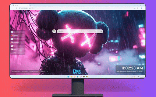 KAWS Live Wallpaper :: Iconic KAWS companion character with glowing X eyes in cyberpunk neon cityscape.