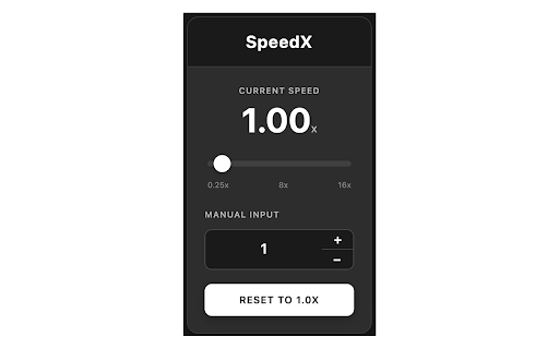 Video Playback Speed (2x-4x-16x) :: Control video playback speed from 0.25x to 16x on any website. Modern dark UI with slider and manual input controls.