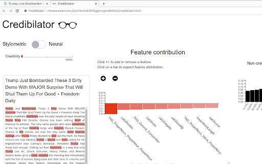 Credibilator :: Analyses pages to assess (and explain) their credibility. Uses AI to learn from previously seen trustworthy or fake news sources.