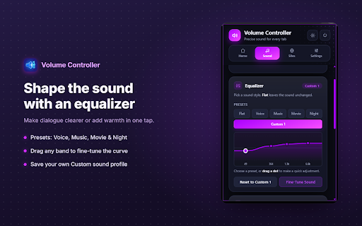 Volume Controller :: Per-site & global volume 0-600%, plus equalizer, normalizer, delay/reverb, auto-pan, mono, balance & mute. Never fights sliders.