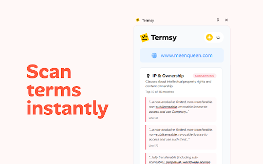 Termsy :: Automatically scans Terms of Service and Privacy Policy pages, highlights critical clauses, and presents them in a clean sidebar.