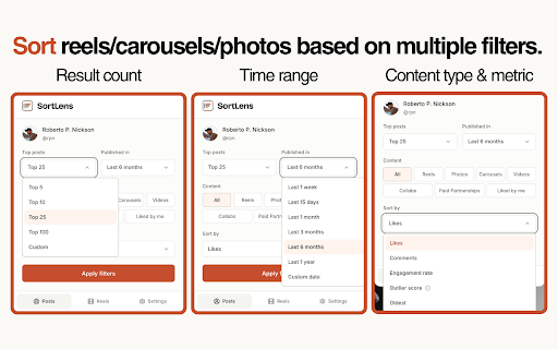 SortLens: Sort Instagram & TikTok | Content & Competitor Research :: Sort Instagram, TikTok and Facebook Reels. Analyze viral content, download media, and export content & competitor research data.