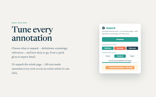 Unpack :: Inline definitions, etymology, and references on any webpage. Understand dense text in context — no sign-up required.