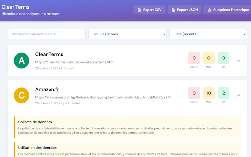 Clear Terms - AI Analyzer for Terms & Conditions & Privacy Policies :: Summarize Terms & Privacy pages in seconds. Get a clear A–E score and key risks before you accept anything.