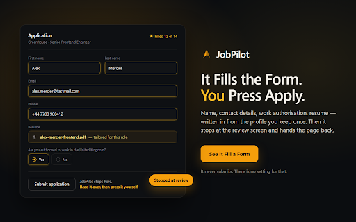 JobPilot :: Fills approved job applications up to the review screen — you always press Apply.