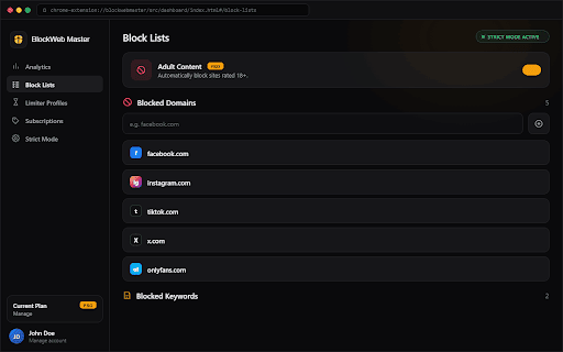 BlockWeb Master :: Block distracting websites, set time limits on social media, and stay focused with an unbreakable Strict Mode.