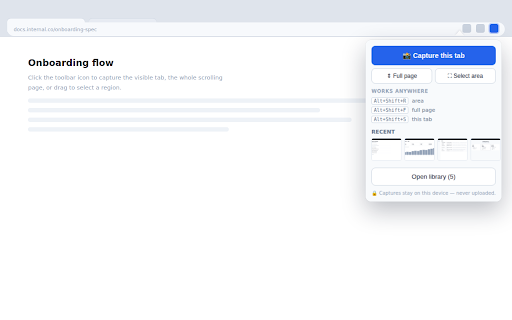 Screenshot Stash — Multi Screenshot & Full Page Capture :: Take multiple screenshots into a private local library: full page, visible tab or region. Annotate, copy, download or bulk-delete.