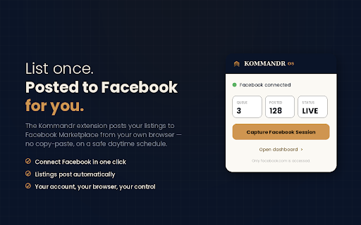 Kommandr OS :: Posts your listings and removes sold items on Facebook Marketplace from your Chrome.