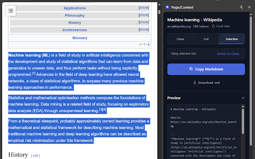 Page2Context :: Turn the current webpage into clean, local AI-ready Markdown.