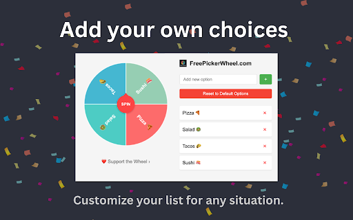 Free Picker Wheel :: A colorful decision-making wheel you can customize on the fly. Just spin and let the picker decide for you.
