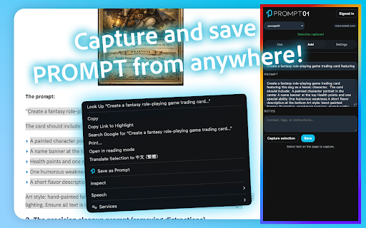 Prompt 01 :: Capture selected text, save prompts, and paste them into AI tools.