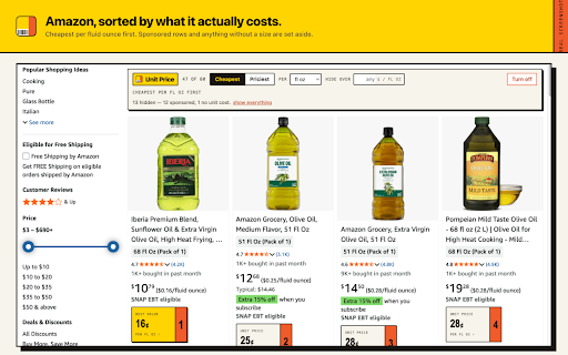 Sort by unit price for Amazon & Walmart :: Sorts Amazon and Walmart search results by what things really cost per ounce, pound, sheet or count. Cheapest first.