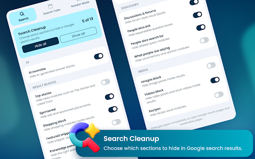 Google Cleaner - Remove Ads, AI, Sponsored :: Clean your Google Search Results. Disable AI overviews, Sponsored search Ads, social media widgets. Get your Google Page cleaned