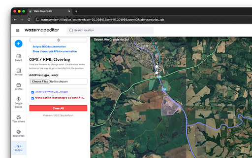 WME GPX Overlay :: eng: This extension overlays .gpx , .kml and geoJSON files onto the WME map to help create roads based on your tracklog.
It also…