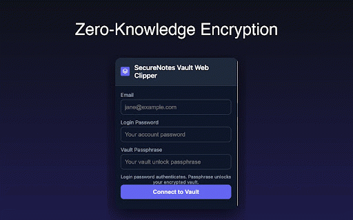 SecureNotes Vault Web Clipper :: Clip web pages securely to your end-to-end encrypted SecureNotes Vault. Zero-knowledge — your data never leaves unencrypted.