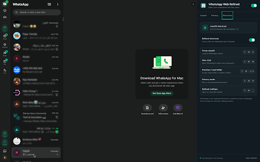 Refined WhatsApp™ Web :: Make WhatsApp Web calmer and more private with native-feeling layout controls, privacy blur, and keyboard shortcuts.