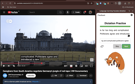 Language learning Youtube dictation :: Allows language learners to use Youtube videos to dictate senteces and improve their listening and writing skills.