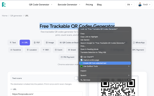 ForQRCode - Free QR Code Generator :: Create QR codes from the toolbar or right-click menu, then download PNG or SVG.
