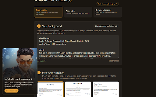 LandTheJobAI Job Clipper :: Clip any job posting — or your own LinkedIn profile — into LandTheJobAI for a tailored resume. Reads pages only on click.