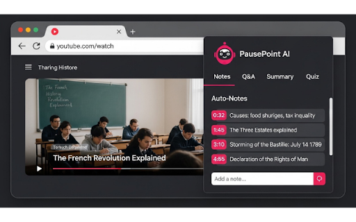 PausePoint AI :: Ask AI questions about any YouTube video using transcript context, visual context, live audio, and cloud-synced session storage.